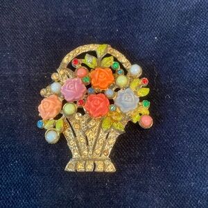 Vintage Art Deco Molded Bakelite Roses in Rhinestone Flower Basket Brooch / Pin